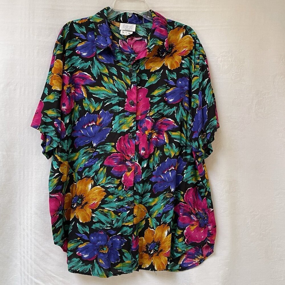 Vintage Fritzi Blouse Womens 2X Button Up Shirt Multicolor Floral Short Sleeve‎
